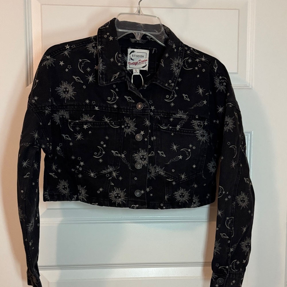 Stoosh Vintage Denim black cropped jacket w/Celestial Print SZ SM oversized NWOT